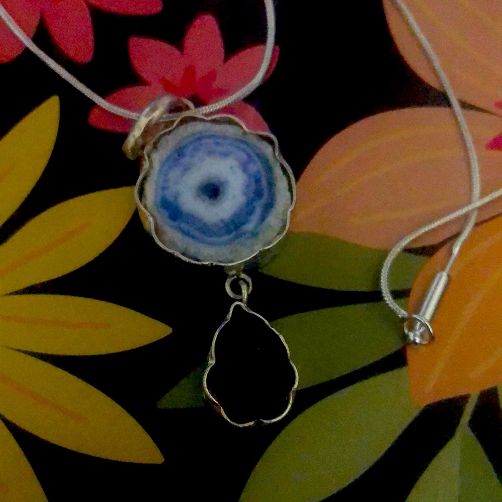 Sterling silver agate charm on silver tone necklace